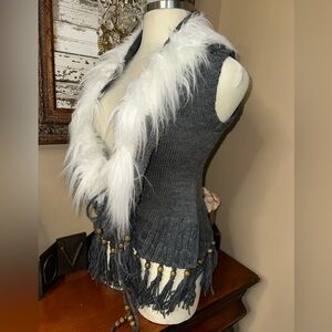 NEW Lily Gray Wool Knit Vest with White Faux Fur